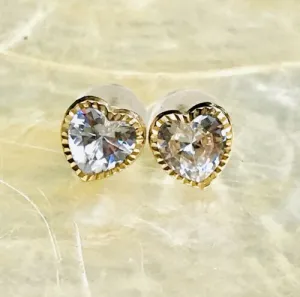 10k Gold Cubic Zirconia Round Bezel Heart Post Earrings