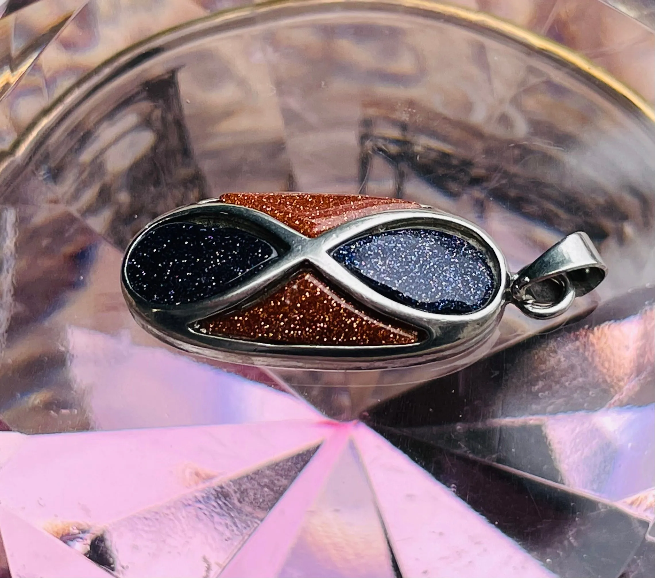 18KGP Signed 18K White Gold Plated Purple SandStone Goldstone Infinity Pendant