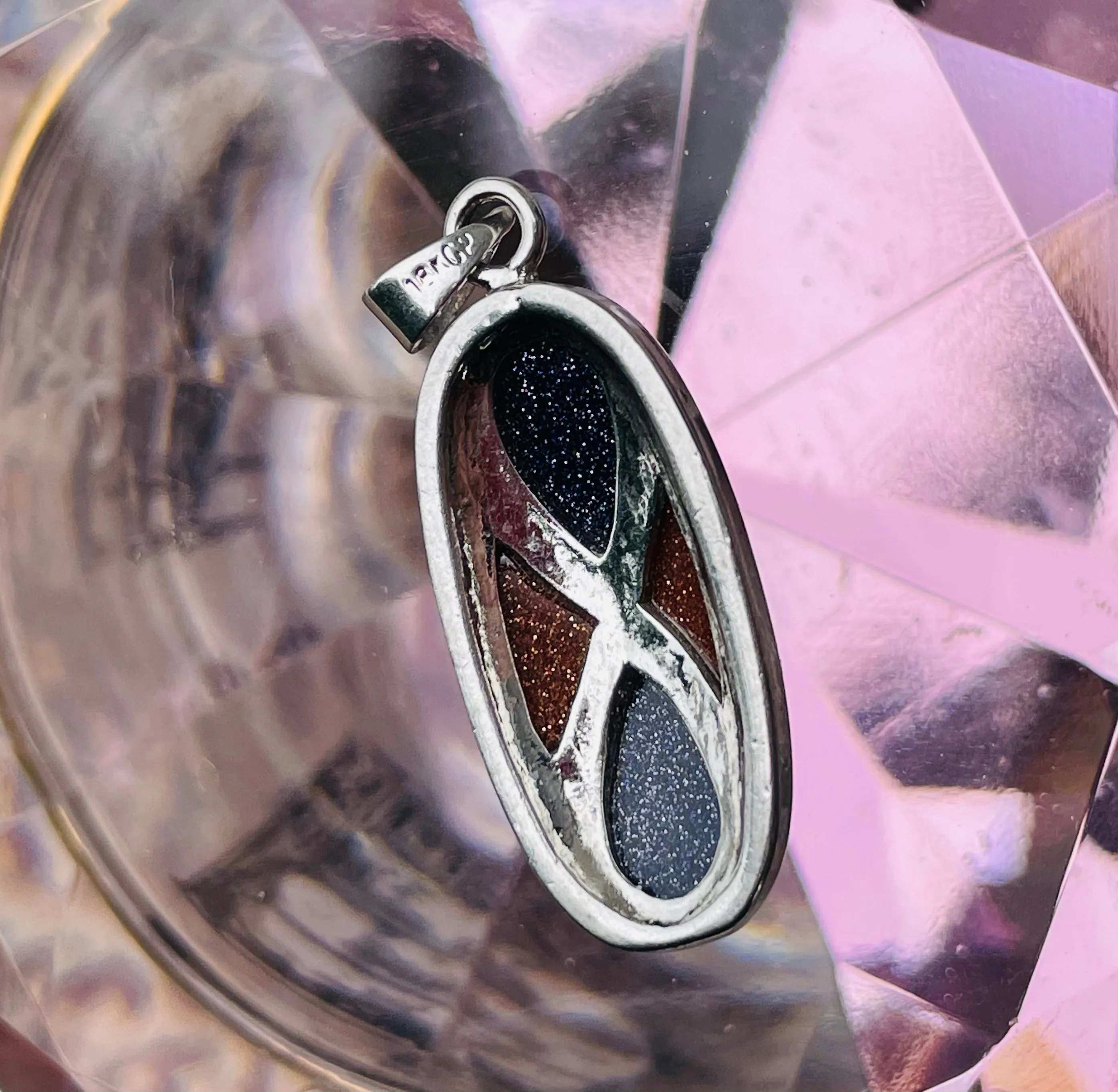 18KGP Signed 18K White Gold Plated Purple SandStone Goldstone Infinity Pendant