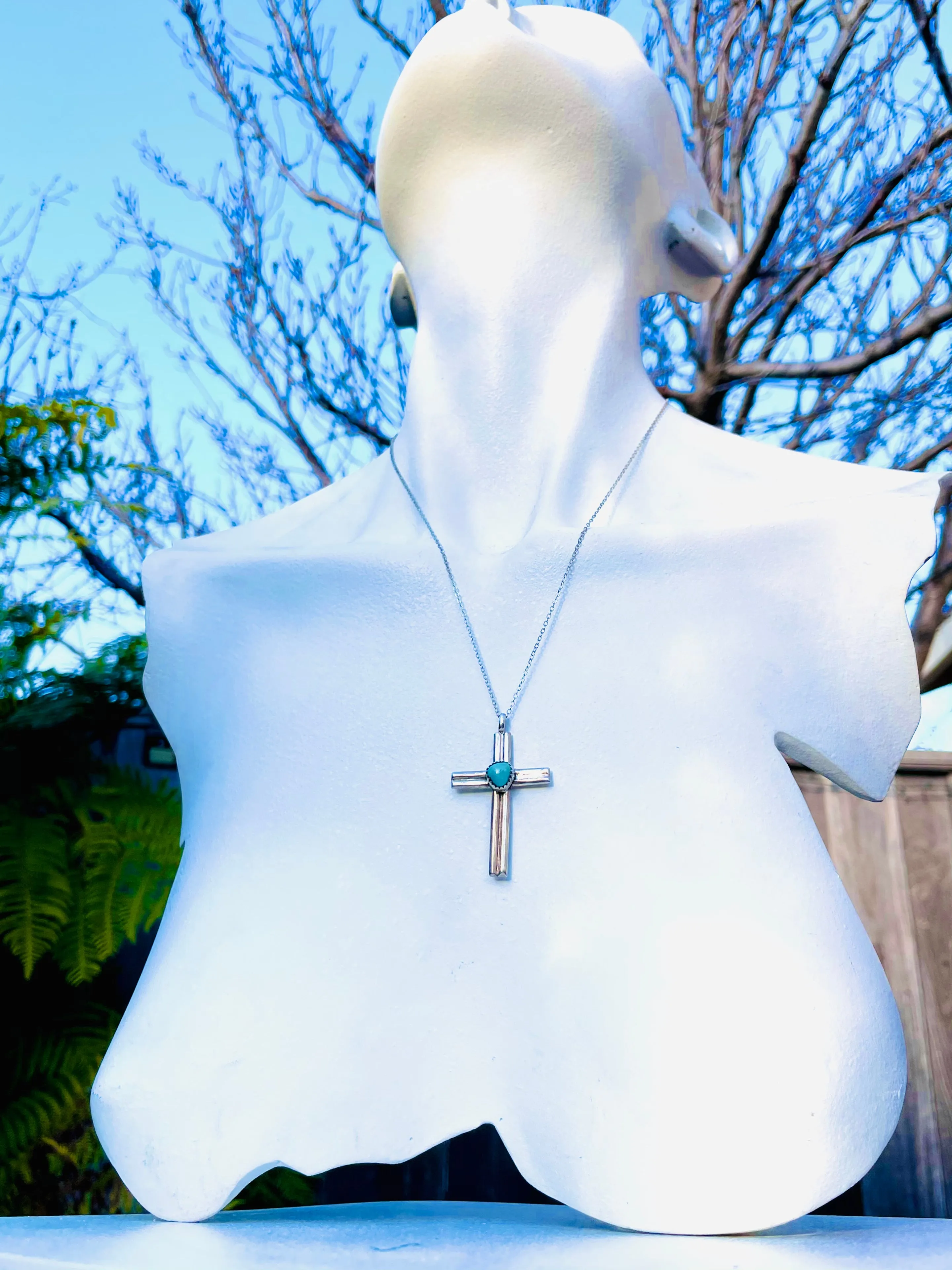 925 Sterling Silver Turquoise Stone Religious Crucifix Cross Pendant Necklace