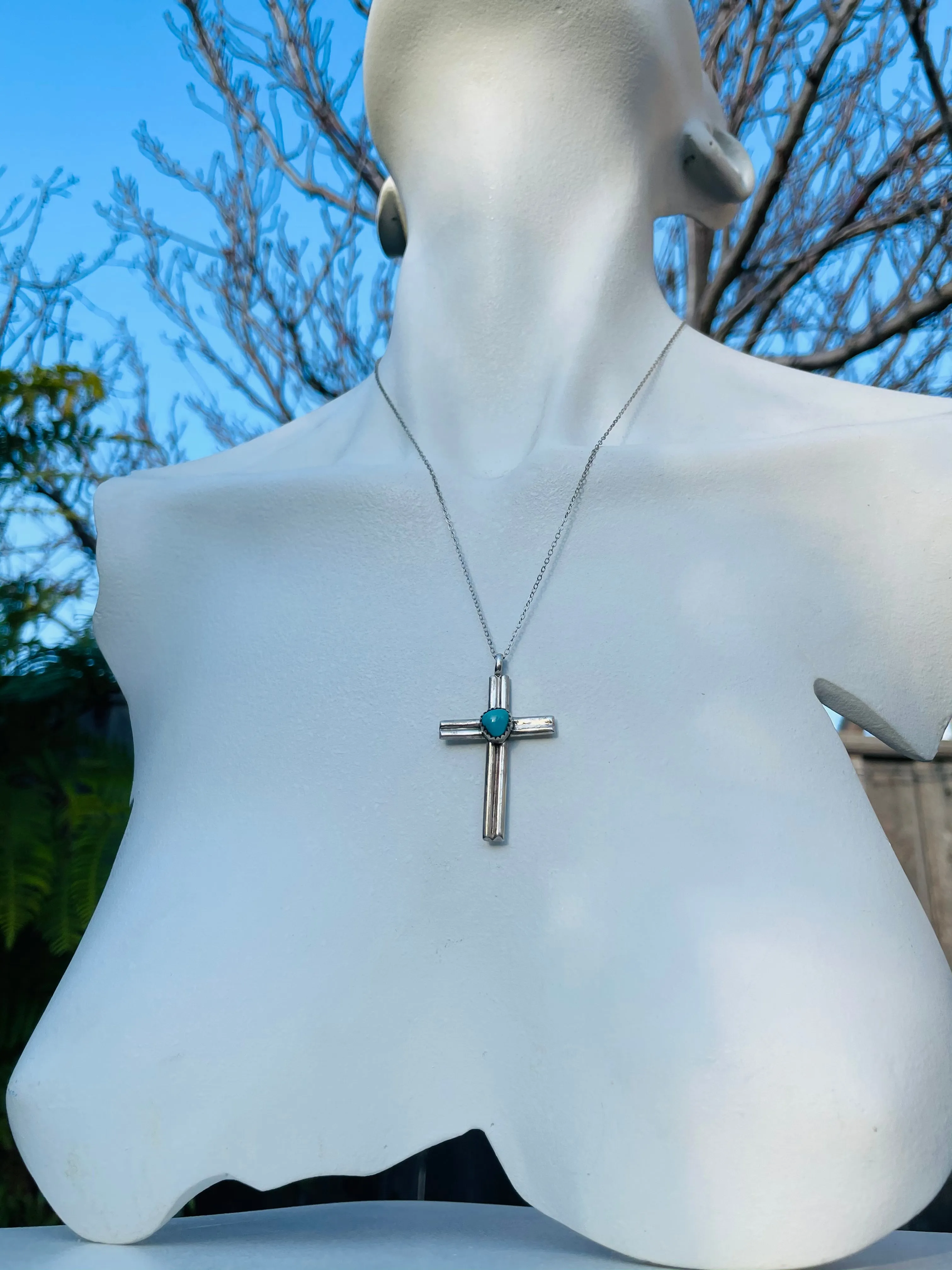 925 Sterling Silver Turquoise Stone Religious Crucifix Cross Pendant Necklace