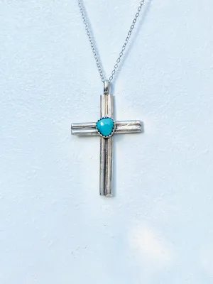 925 Sterling Silver Turquoise Stone Religious Crucifix Cross Pendant Necklace