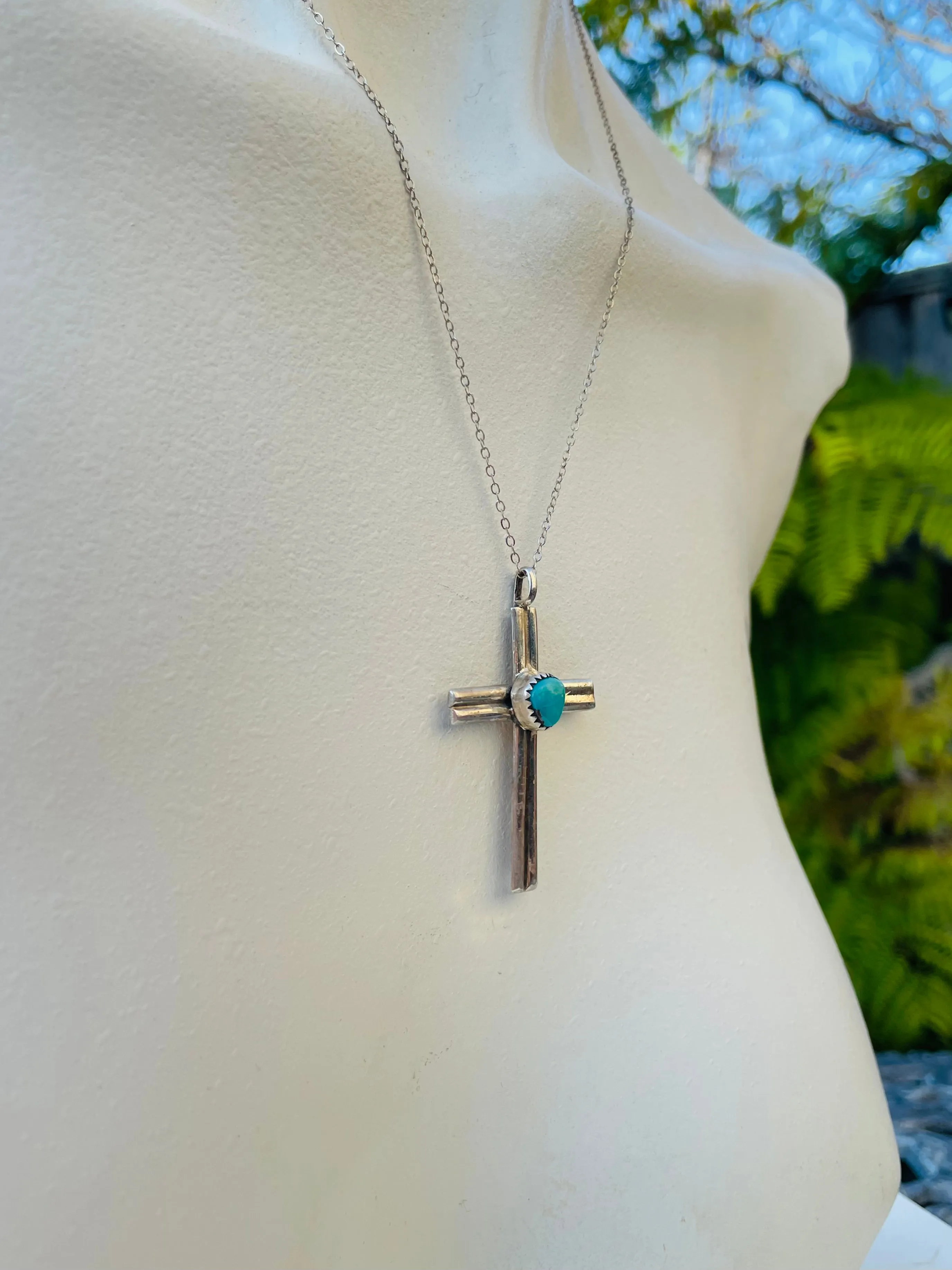 925 Sterling Silver Turquoise Stone Religious Crucifix Cross Pendant Necklace