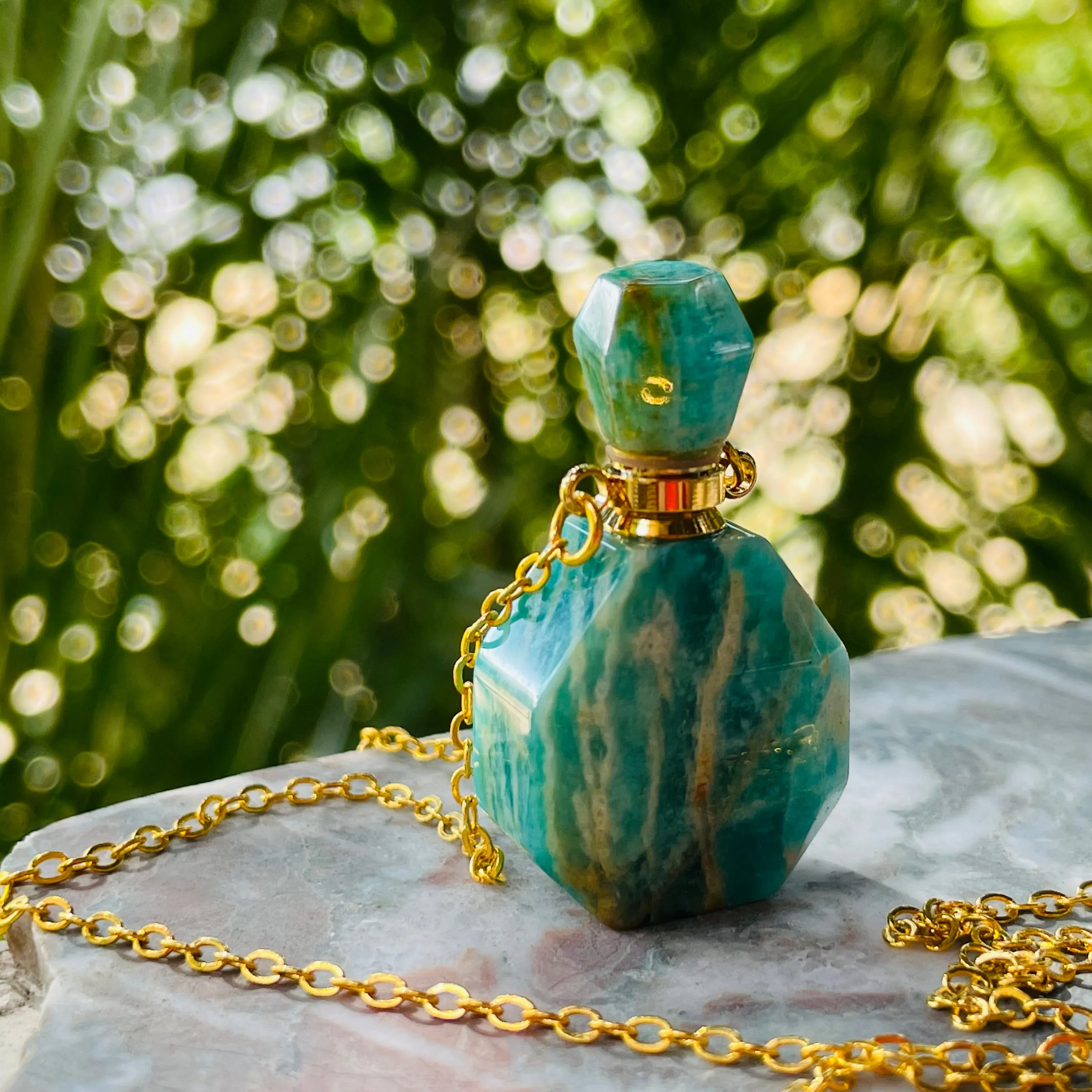 Amazonite Blue Green Gem Stone Perfume Bottle Essential Oil Necklace Pendant