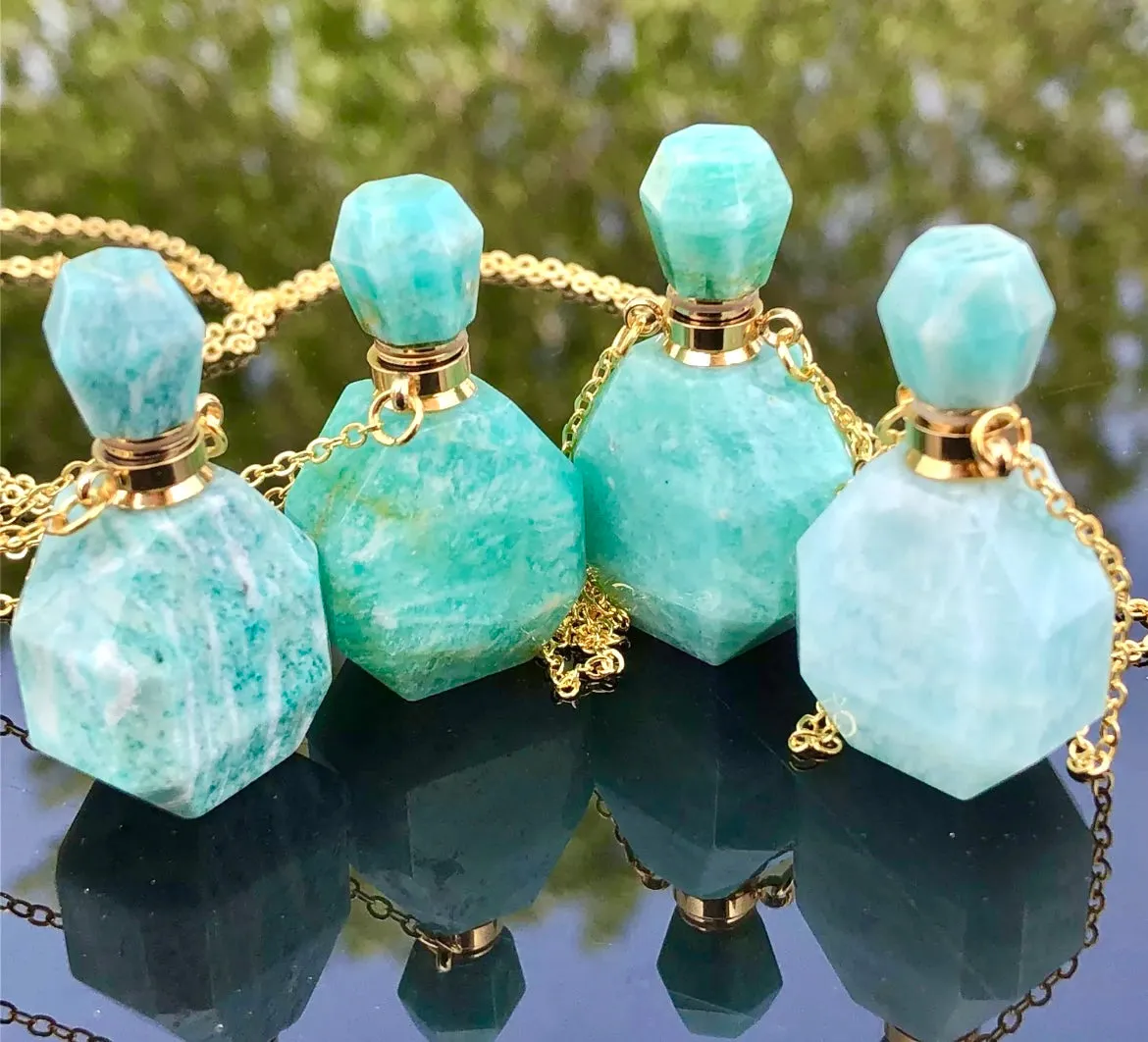 Amazonite Blue Green Gem Stone Perfume Bottle Essential Oil Necklace Pendant