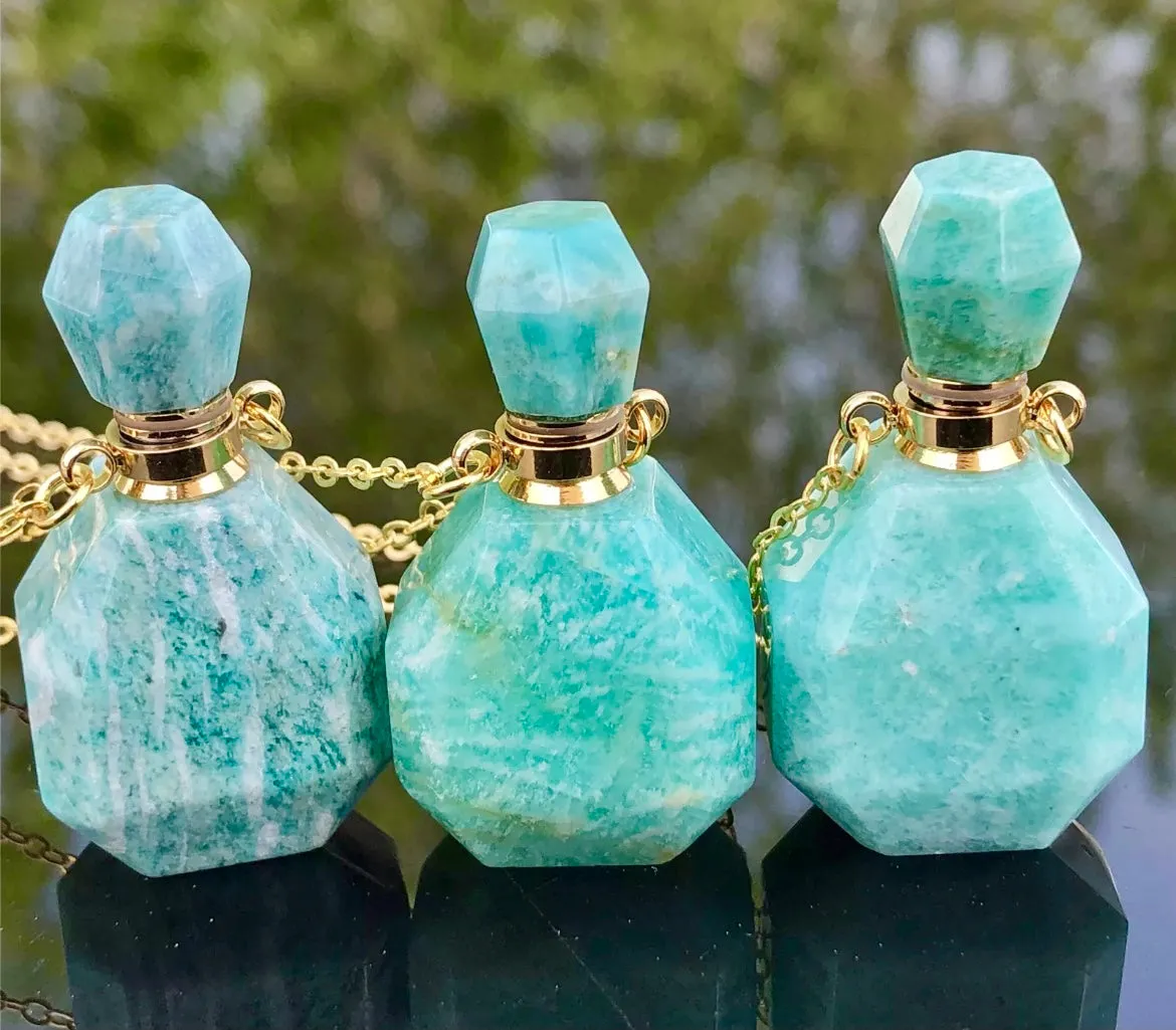 Amazonite Blue Green Gem Stone Perfume Bottle Essential Oil Necklace Pendant