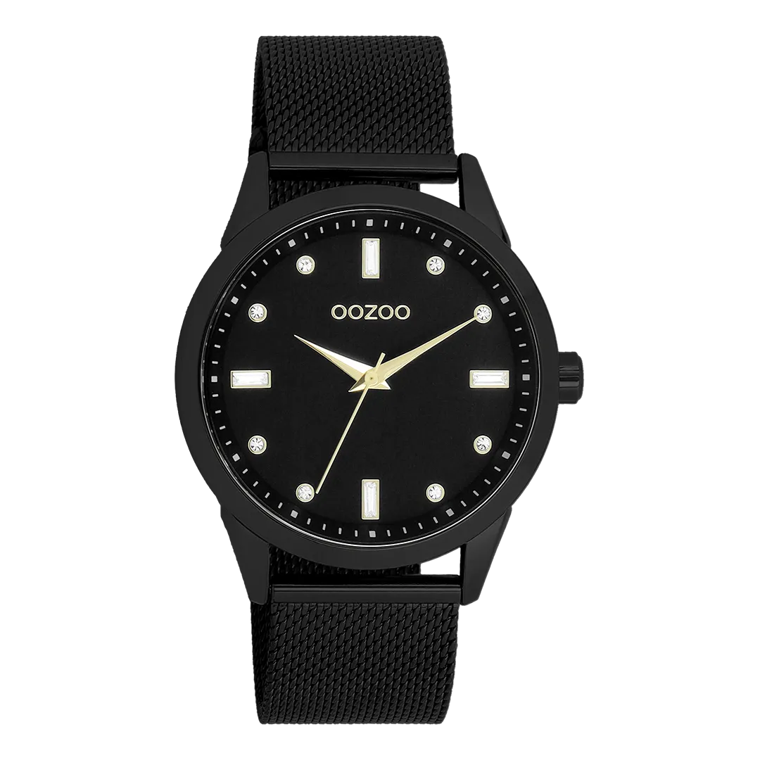 Black OOZOO watch with black metal mesh bracelet - C11284