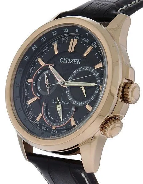 Citizen Eco-Drive Mens Calendrier - Black Dial - Rose Gold-tone Case - Leather