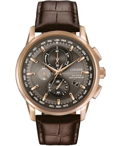 Citizen Mens Eco-Drive World Chronograph AT - Rose Gold-Tone - Brown Leather