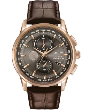 Citizen Mens Eco-Drive World Chronograph AT - Rose Gold-Tone - Brown Leather