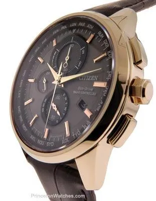 Citizen Mens Eco-Drive World Chronograph AT - Rose Gold-Tone - Brown Leather