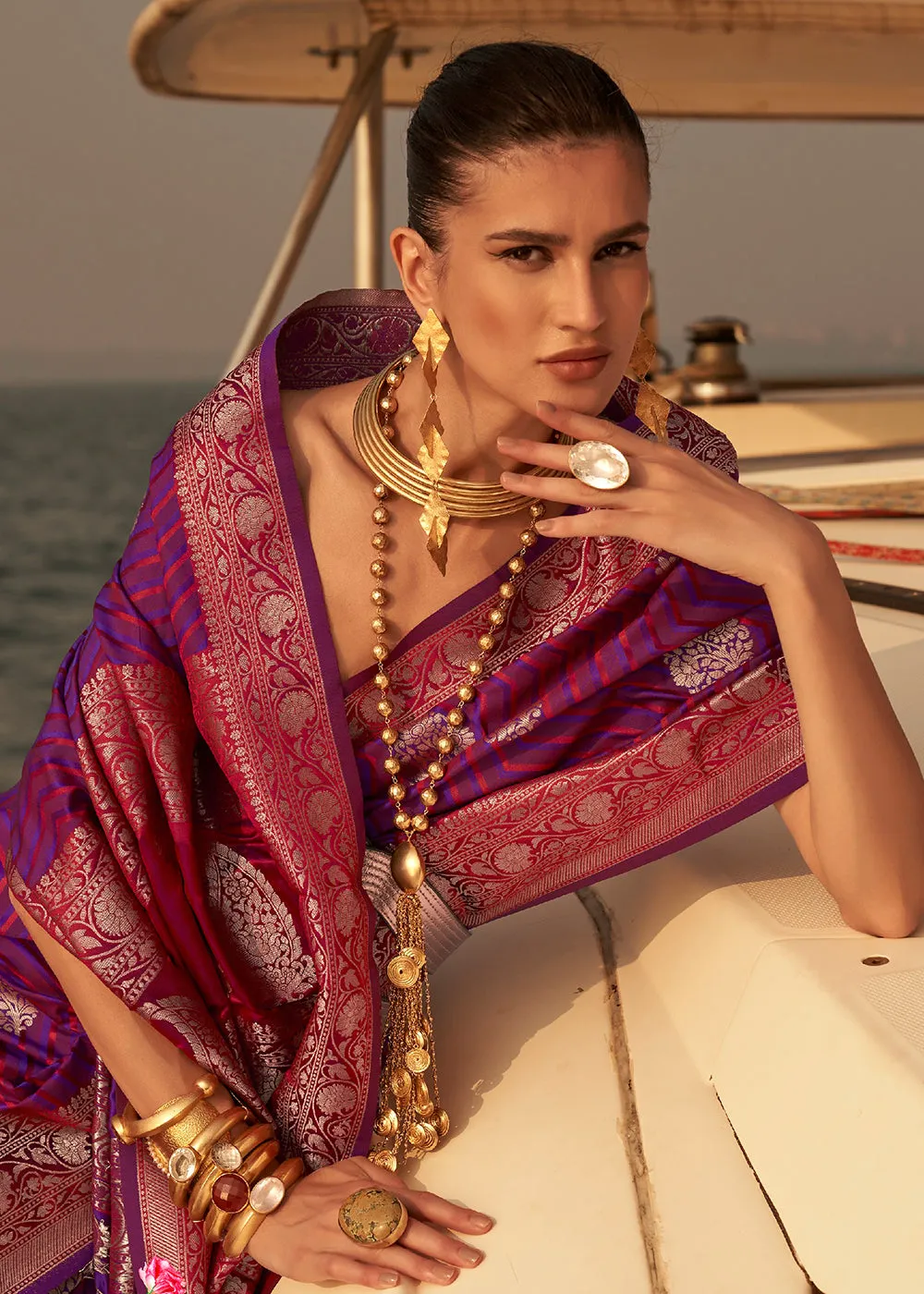 Exquisite Violet-Pink Pure Satin Silk Two Tone Weaving Saree