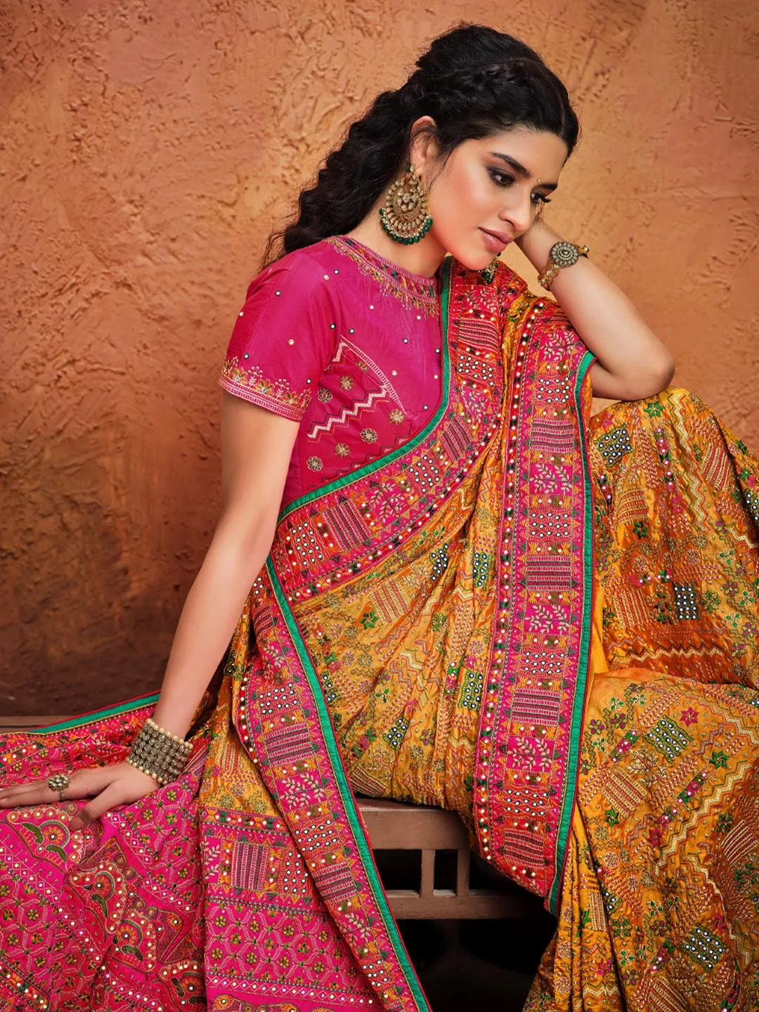 Exquisite Yellow & Pink Kutchi Work All Over Saree