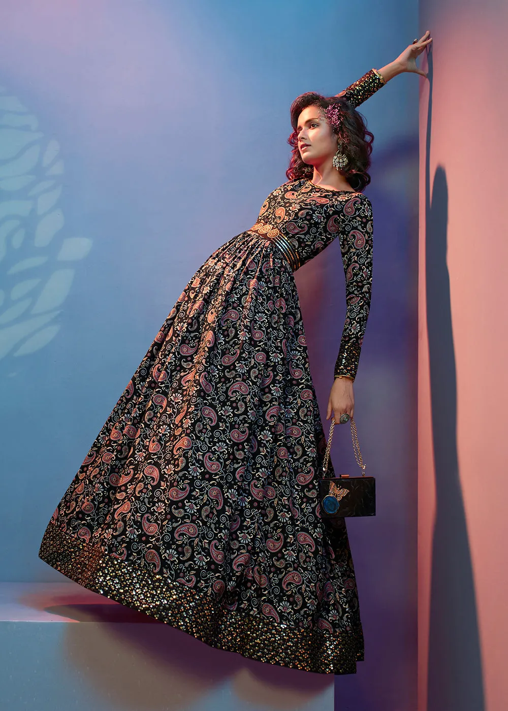 Floral Printed Exquisite Black Crepe Wedding Festive Party Gown