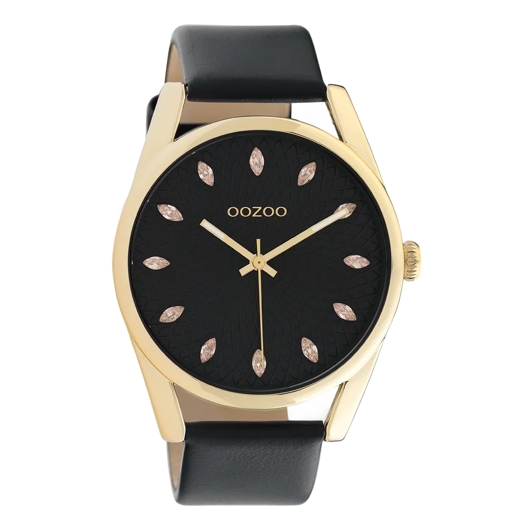 Gold coloured OOZOO watch with black leather strap - C10842