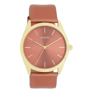 Gold coloured OOZOO watch with brick red leather strap - C11334