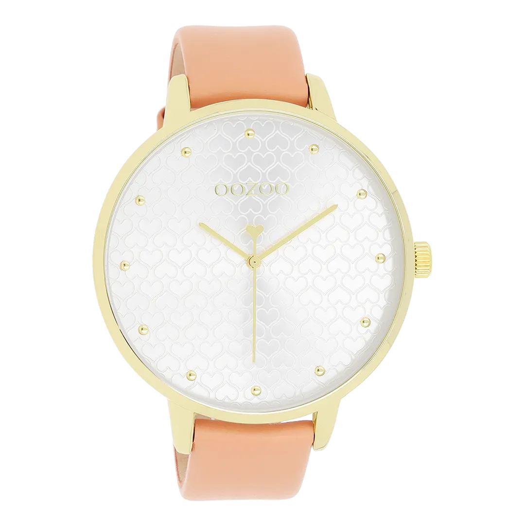 Gold coloured OOZOO watch with peach pink leather strap - C11036