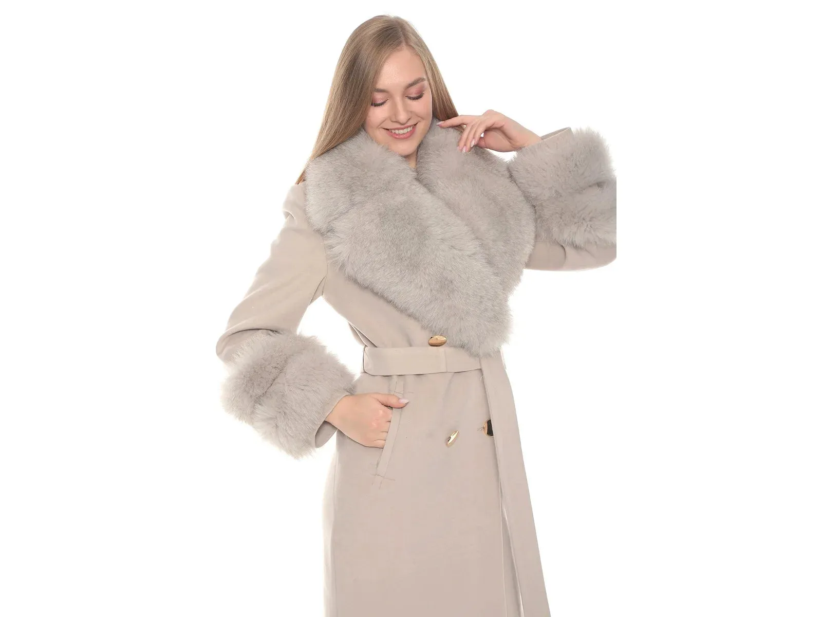 Light beige Cashmere Wool & Fox Fur Coat