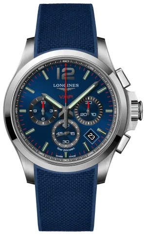 Longines Conquest V.H.P. Chronograph Stainless Steel Blue Dial Blue Rubber Strap Perpetual Calendar Date Quartz Mens Watch L3.717.4.96.9