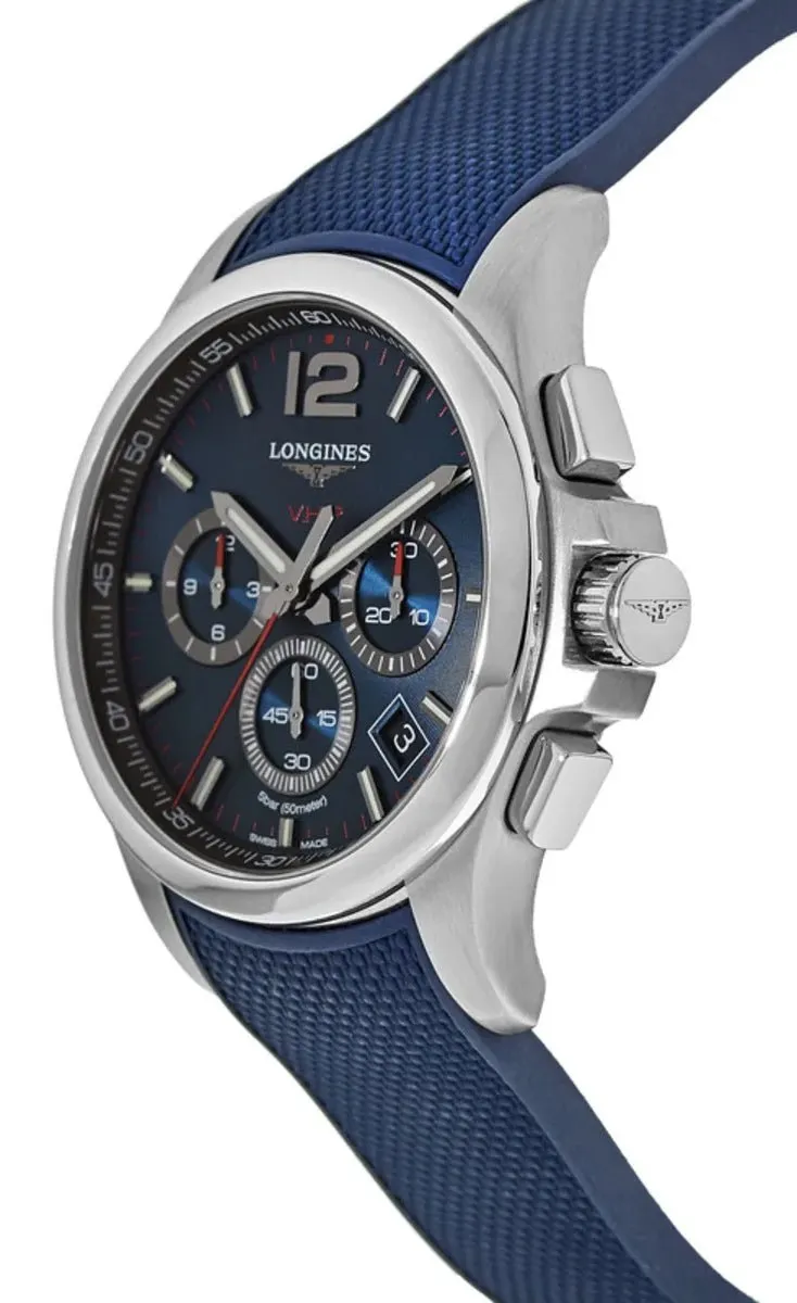 Longines Conquest V.H.P. Chronograph Stainless Steel Blue Dial Blue Rubber Strap Perpetual Calendar Date Quartz Mens Watch L3.717.4.96.9