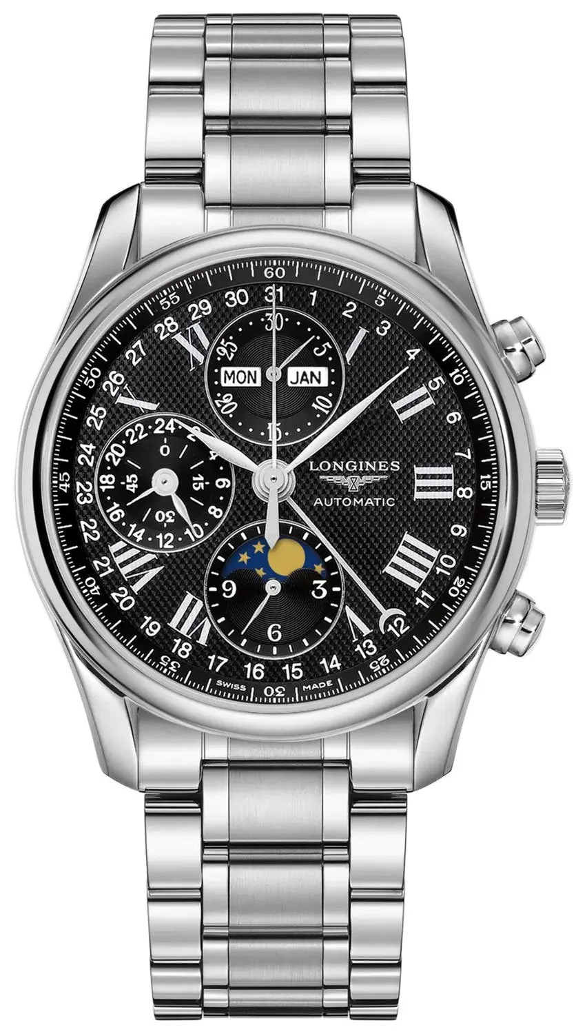 Longines Master Collection Automatic Chronograph Stainless Steel Black Dial Moonphase Day/Date Month Mens Watch L2.673.4.51.6