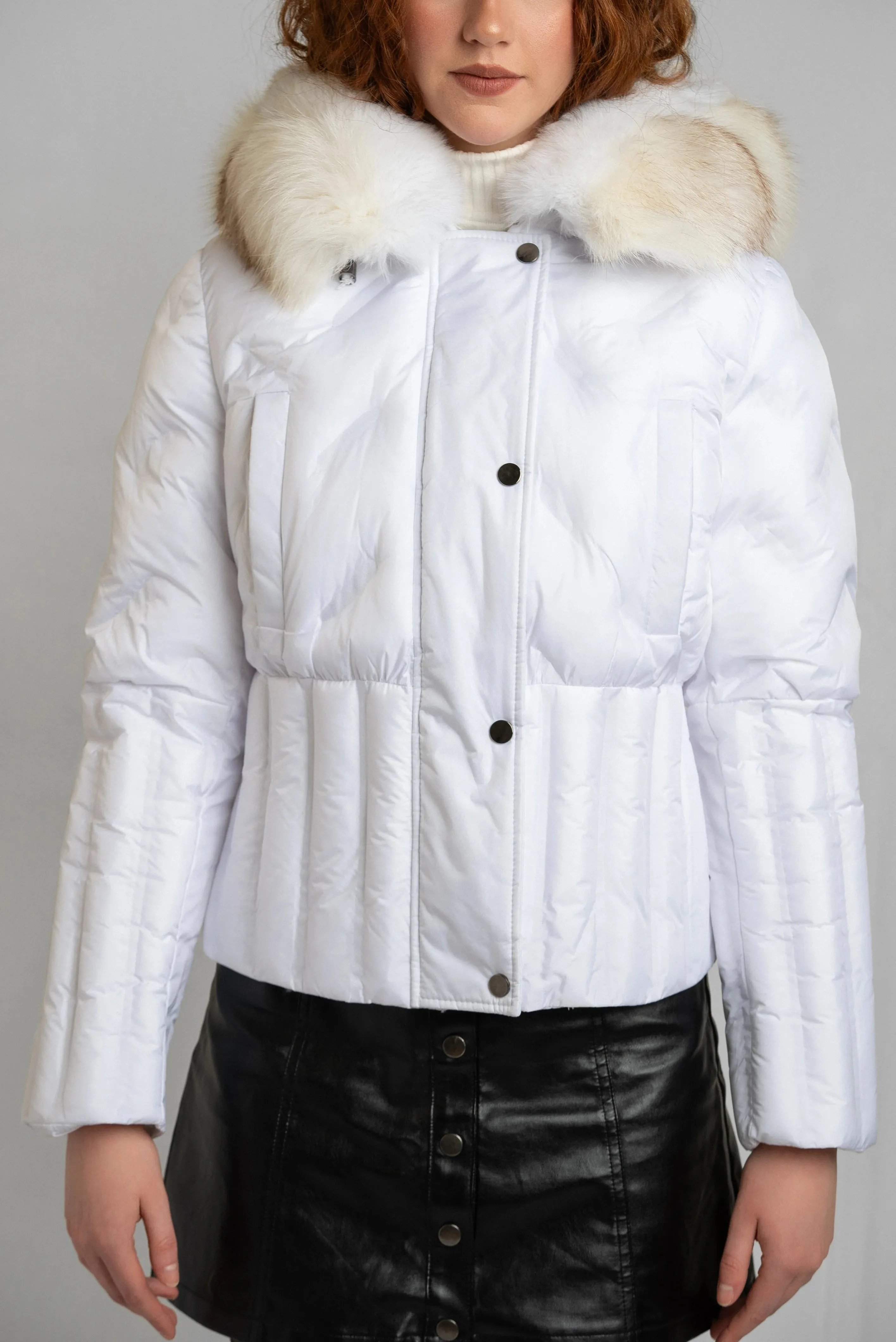 Luxurious White Puff Jacket with Ethical Fox Fur Trim