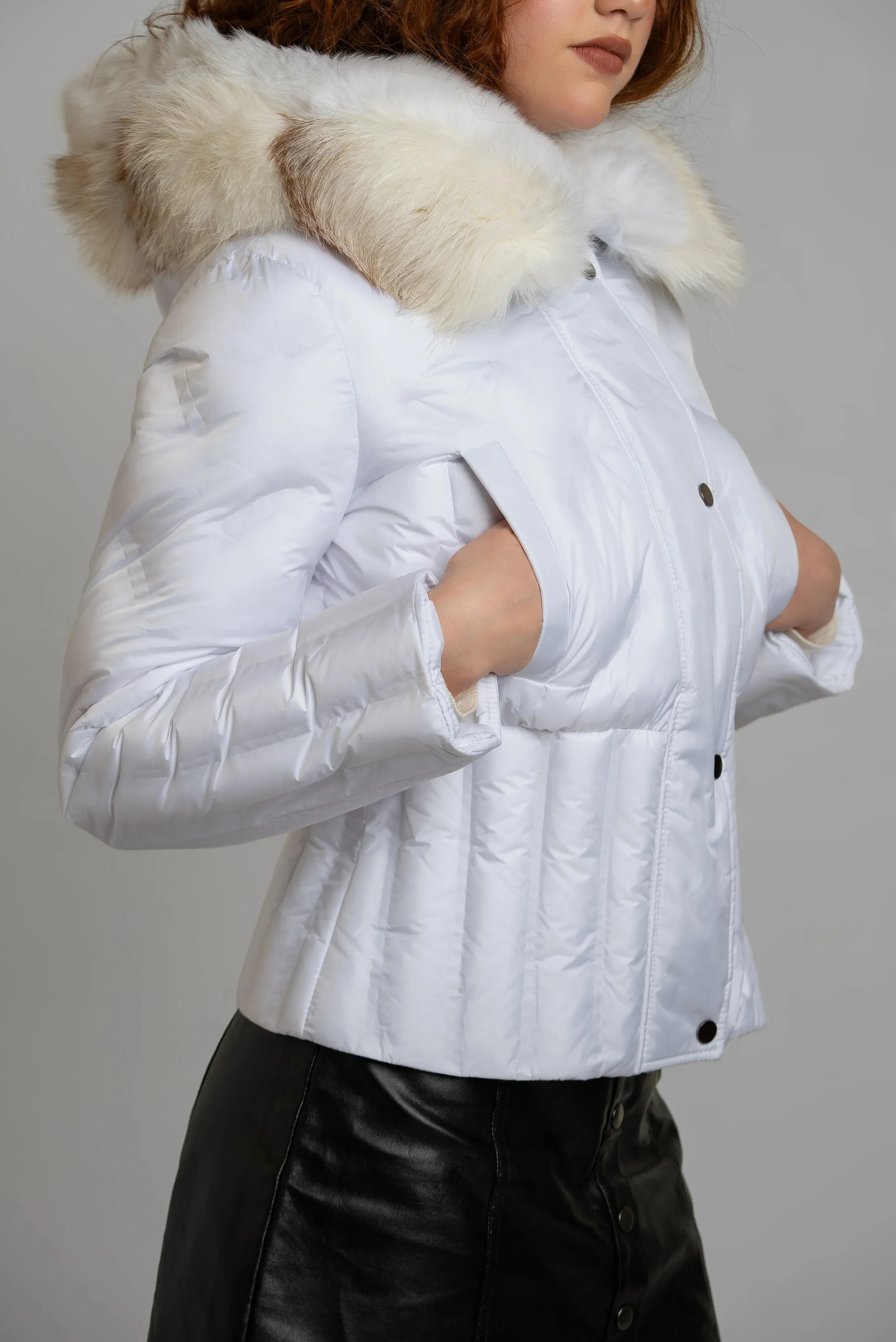 Luxurious White Puff Jacket with Ethical Fox Fur Trim