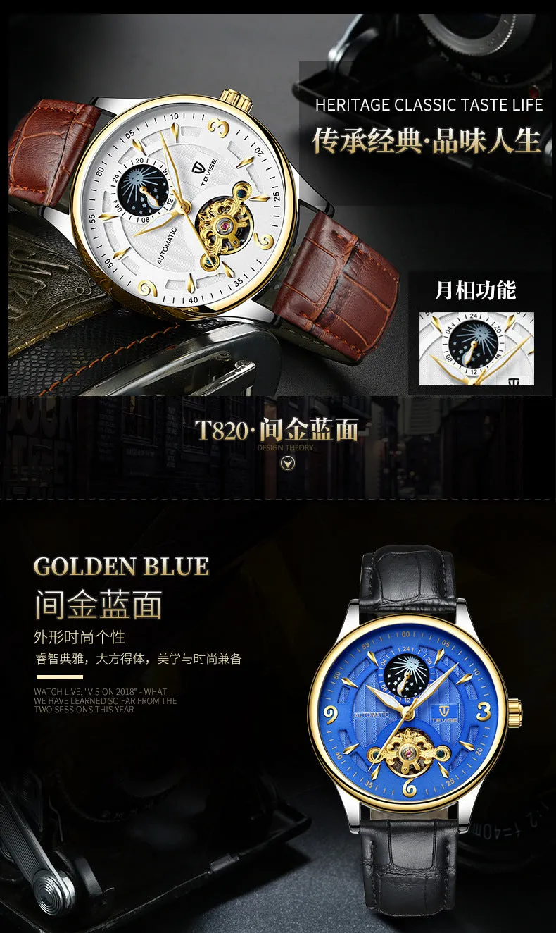 Men's Automatic Leather Mechanical Watch Tourbillon Waterproof Casual Watch | T820b