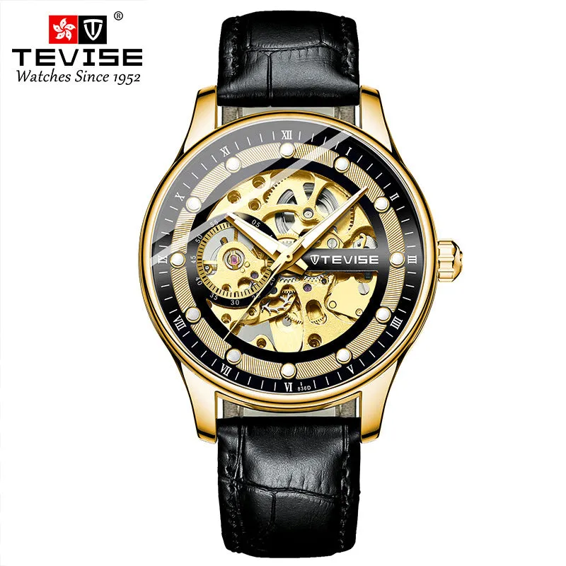 Men's Skeleton Automatic Mechanical Watch Leather Strap Clock Top Wristwatch | T836D