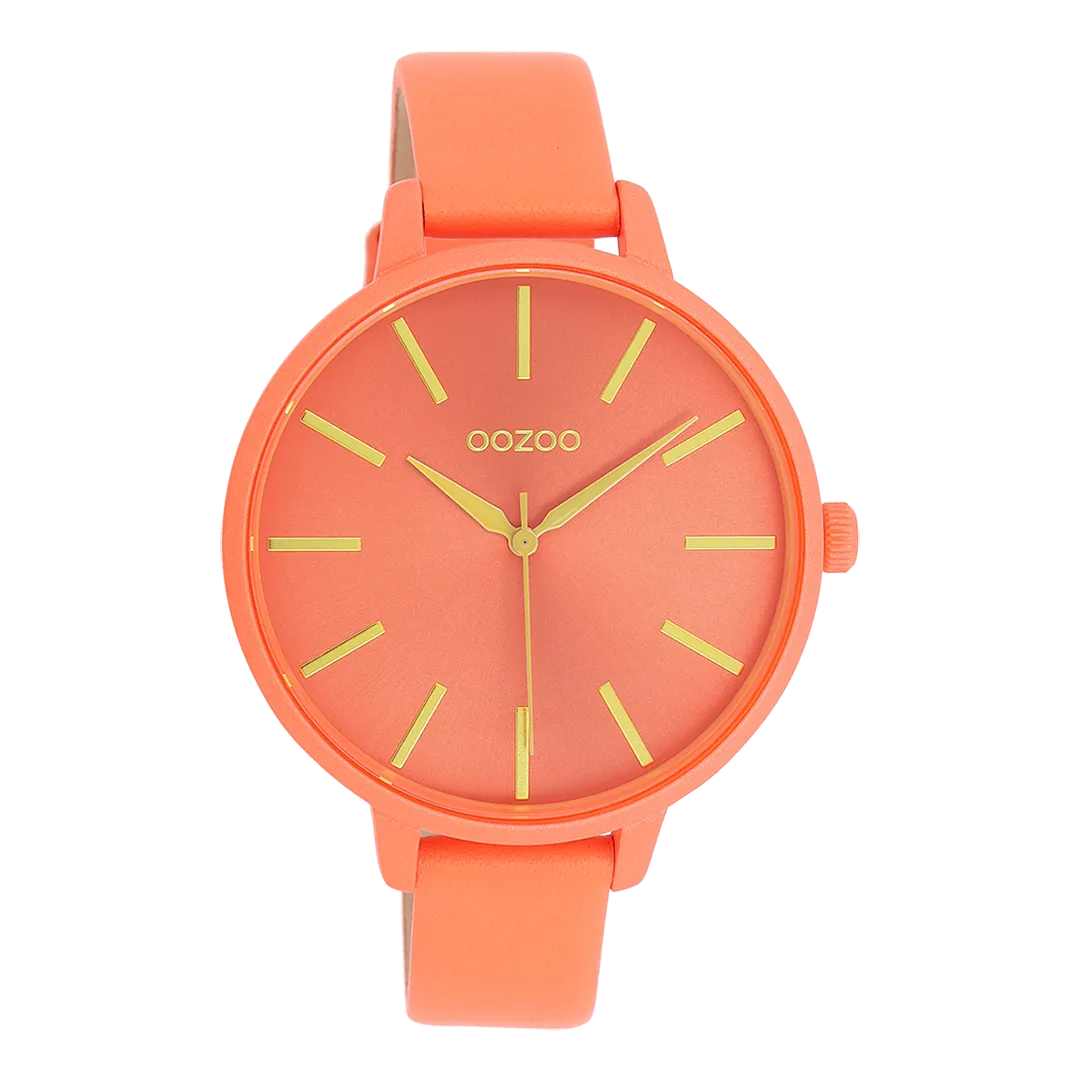 Neon red OOZOO watch with coral coloured leather strap - C11185