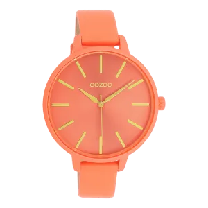 Neon red OOZOO watch with coral coloured leather strap - C11185