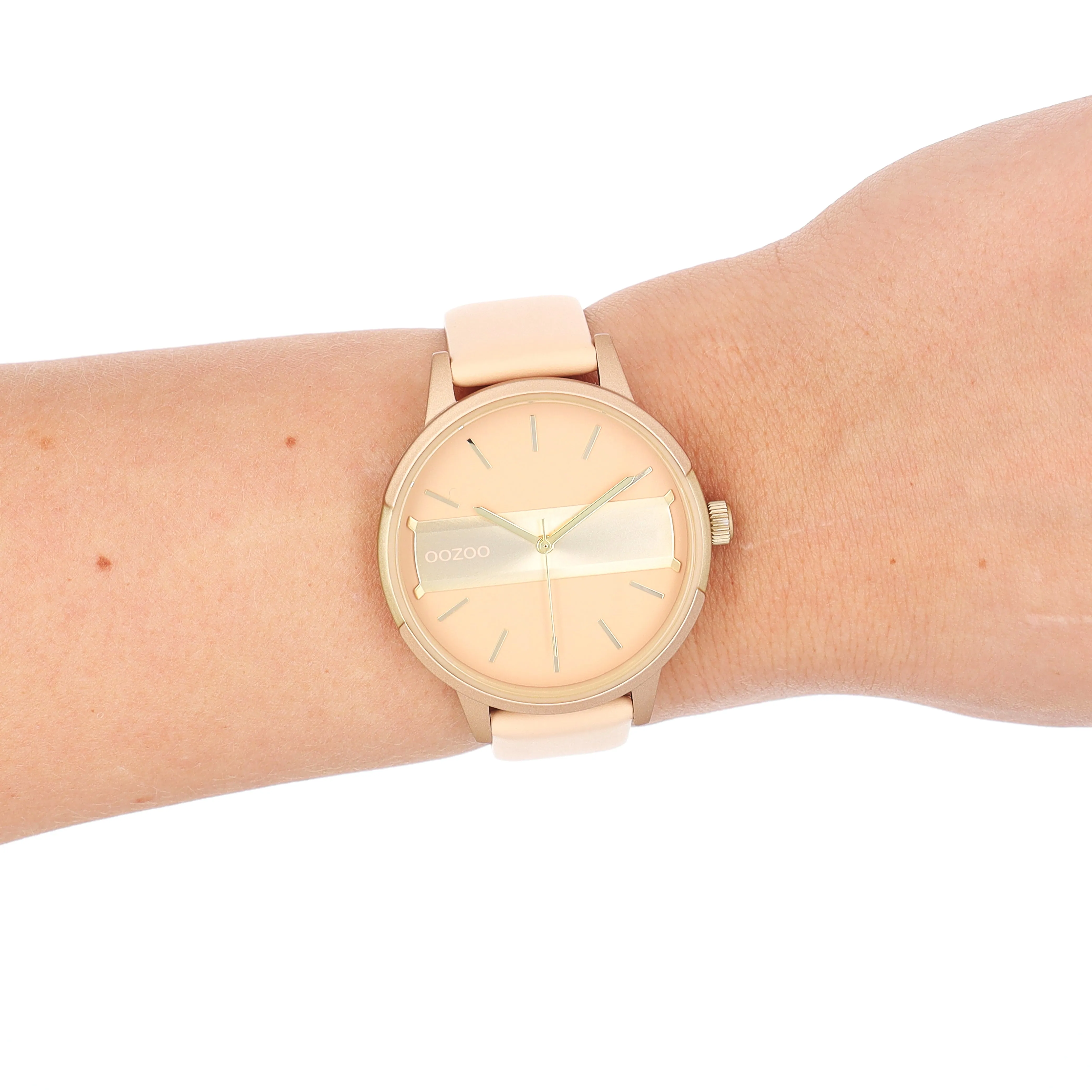 Peach pink/gold coloured OOZOO watch with peach pink leather strap - C11151