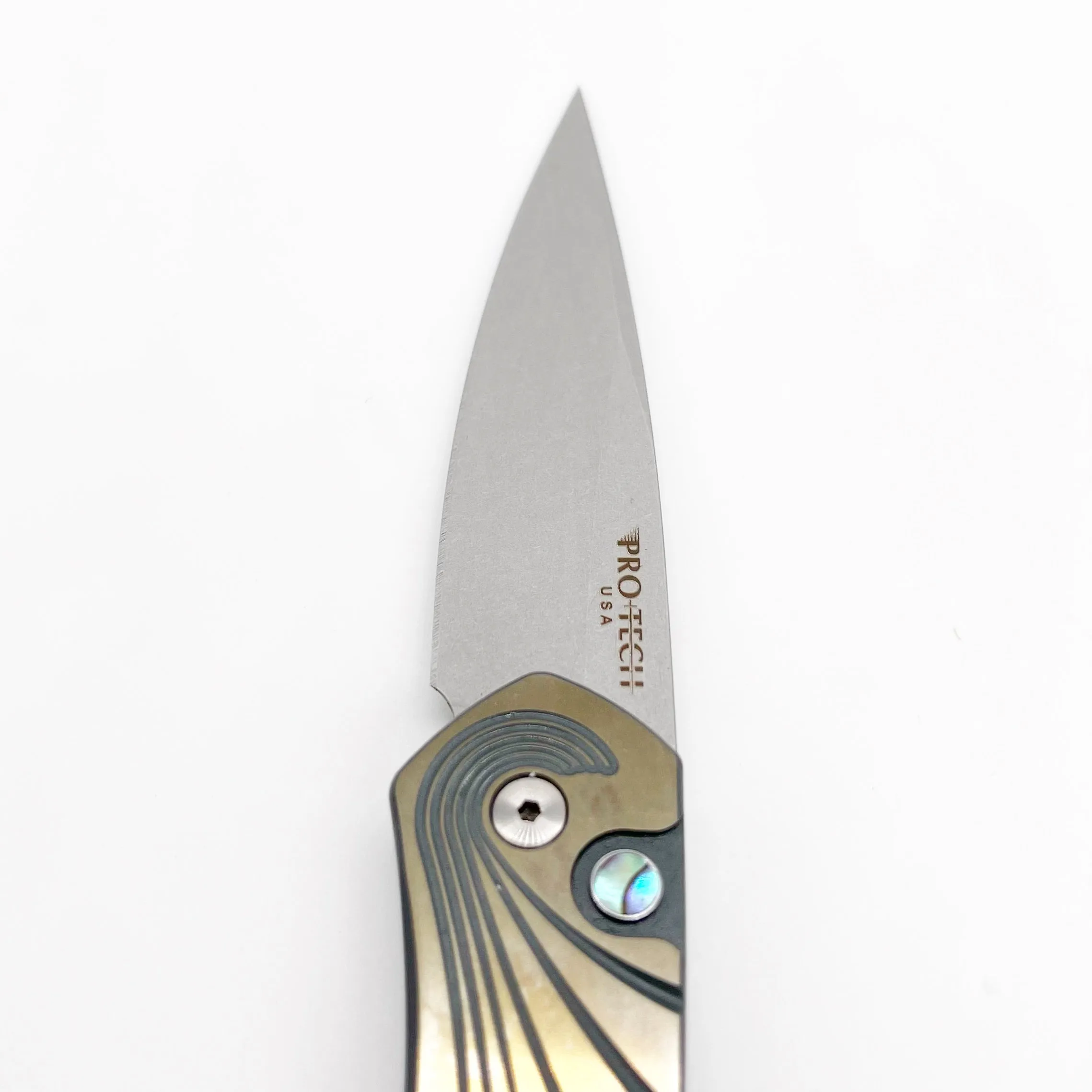 Pro-Tech Knives 2024 Newport Custom 002 Green/Bronze Titanium Waze Handle Stonewash S35VN Blade Abalone Button