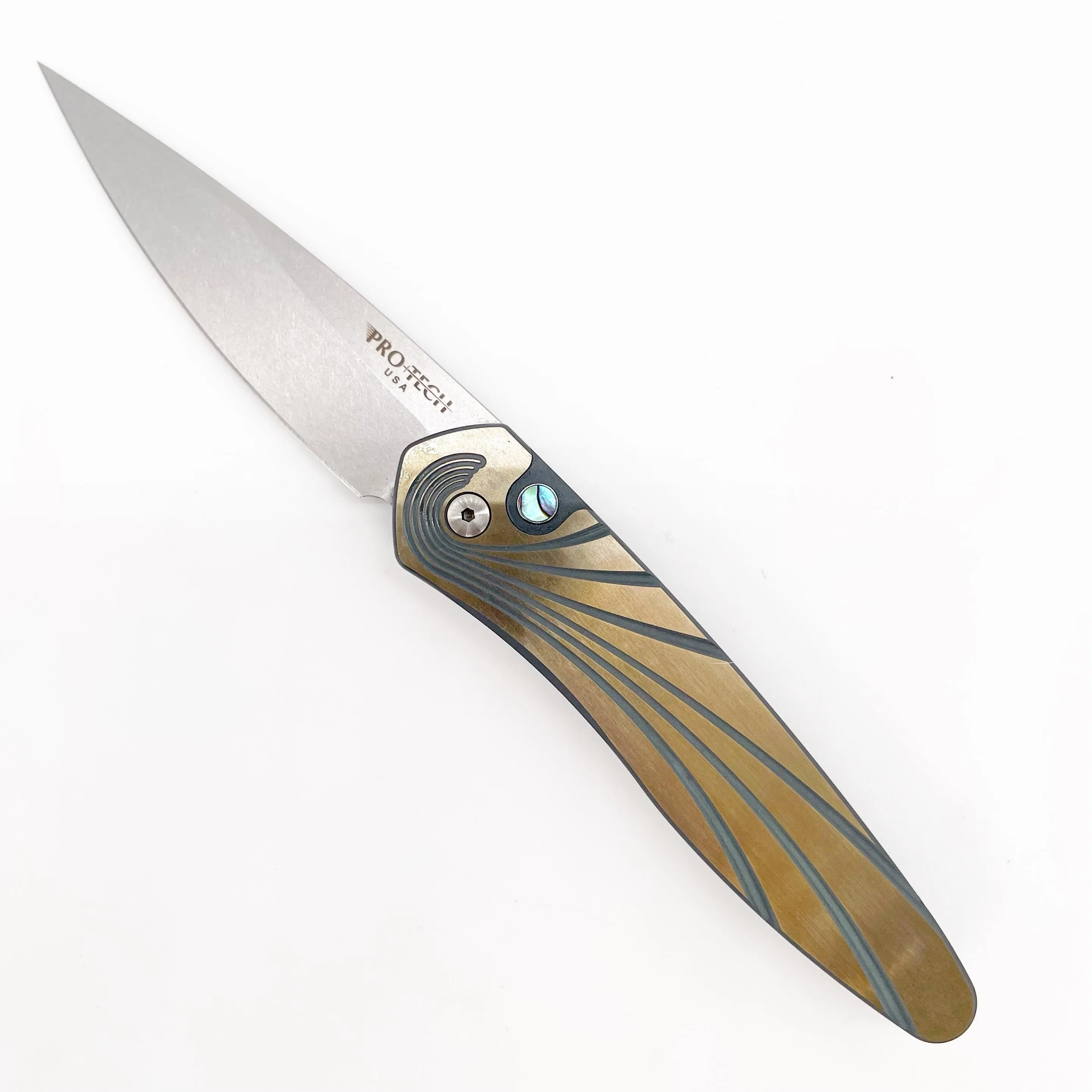 Pro-Tech Knives 2024 Newport Custom 002 Green/Bronze Titanium Waze Handle Stonewash S35VN Blade Abalone Button