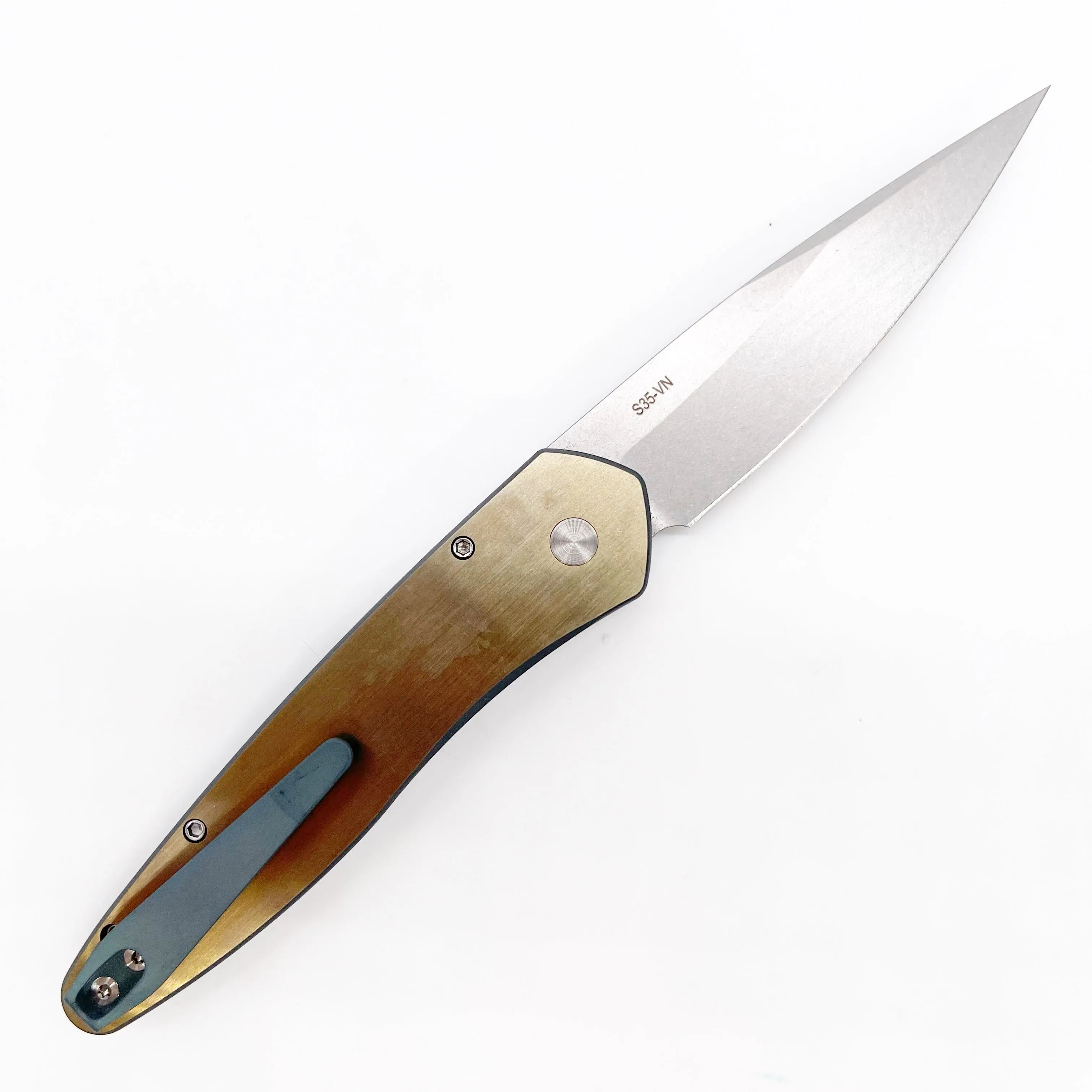 Pro-Tech Knives 2024 Newport Custom 002 Green/Bronze Titanium Waze Handle Stonewash S35VN Blade Abalone Button