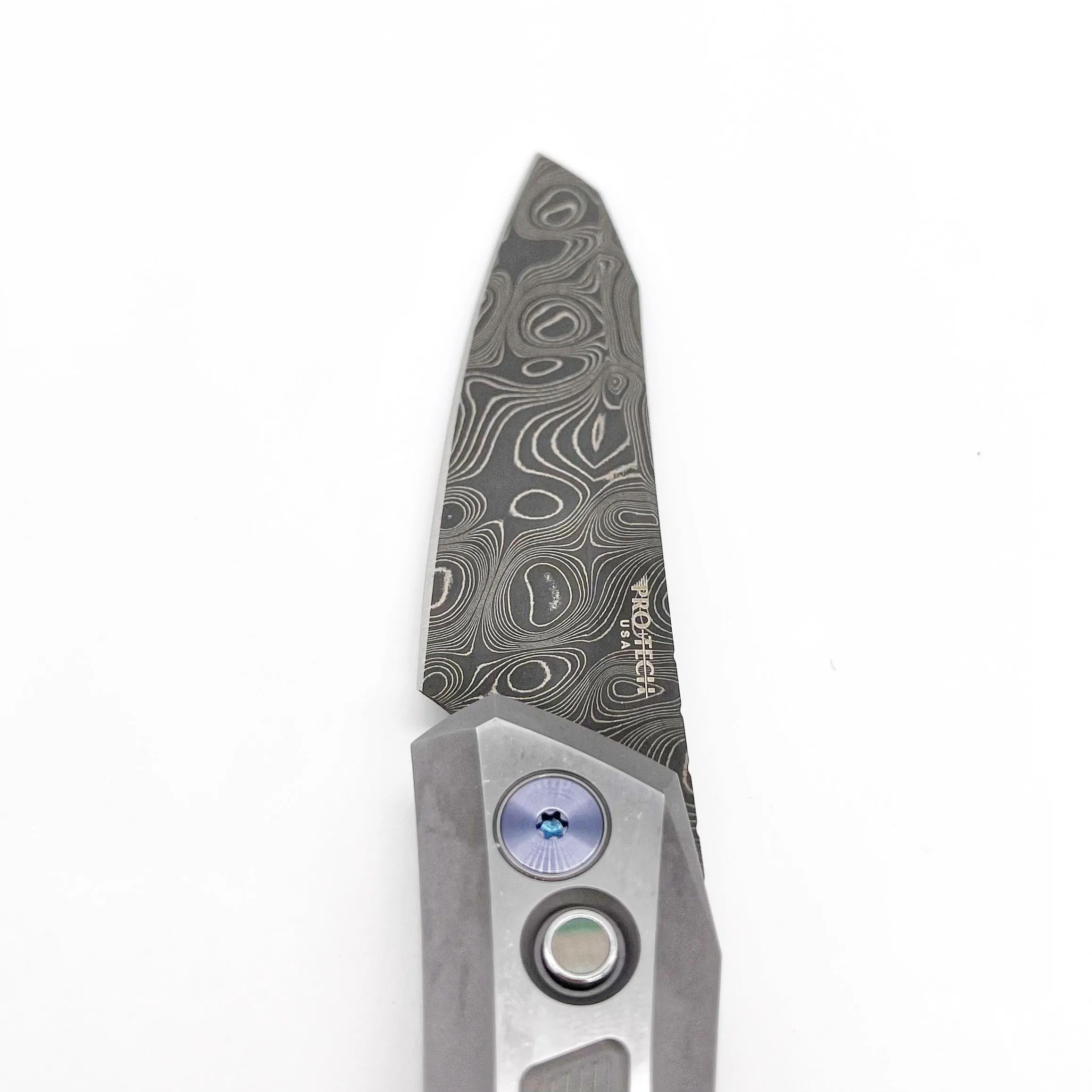 Pro-Tech Knives Oligarch 2024 Custom 003 17-4 Stainless Steel Textured Handle Chad Nichols Virus Damascus Blade Black Lip Pearl Button