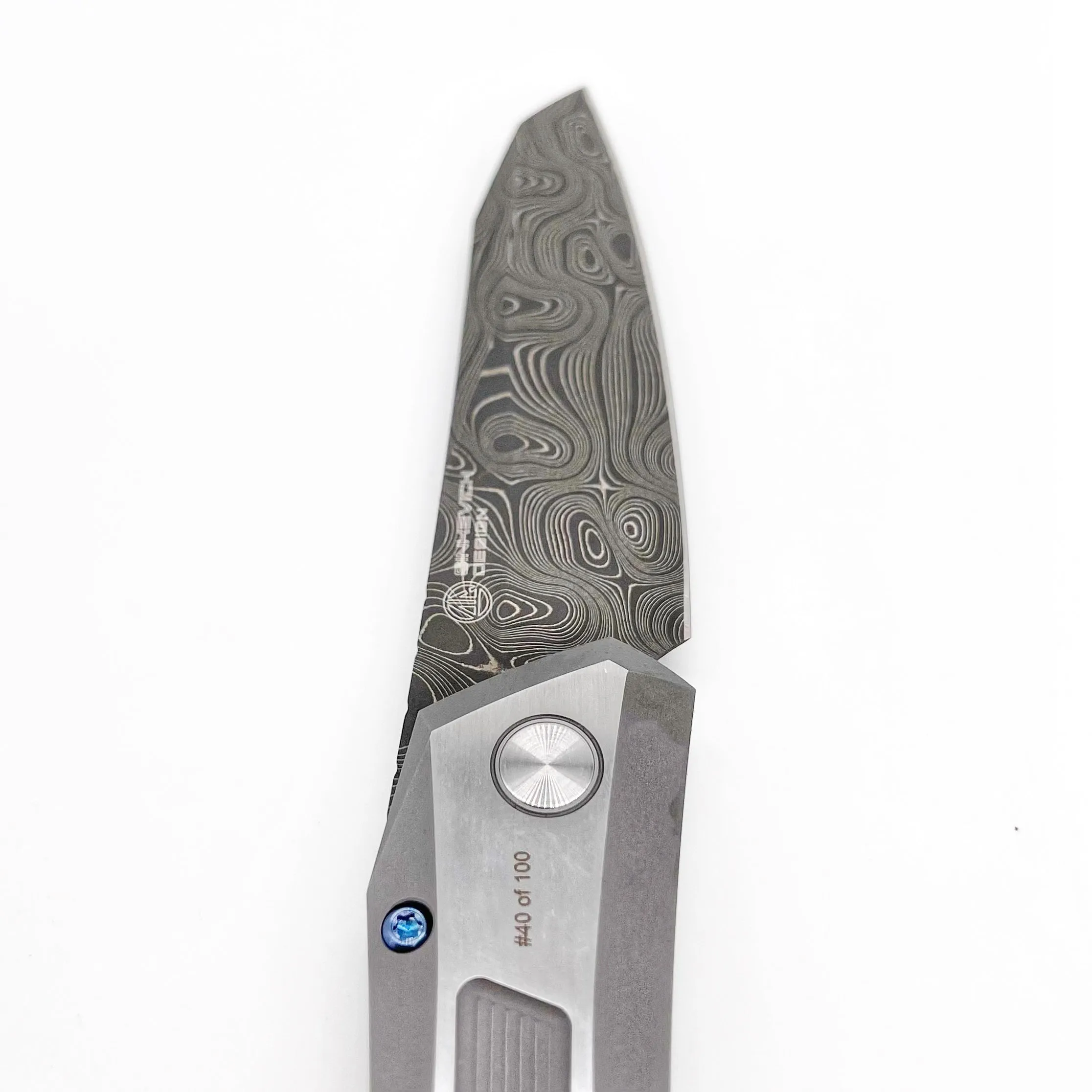 Pro-Tech Knives Oligarch 2024 Custom 003 17-4 Stainless Steel Textured Handle Chad Nichols Virus Damascus Blade Black Lip Pearl Button