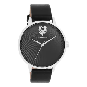 Silver coloured OOZOO watch with black leather strap - C11241