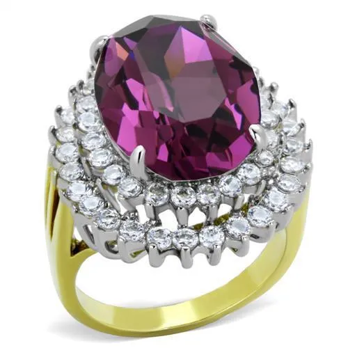 Two-Tone IP Gold (Ion Plating) Stainless Steel Ring with Top Grade Crystal in Amethyst for Women Style TK1892