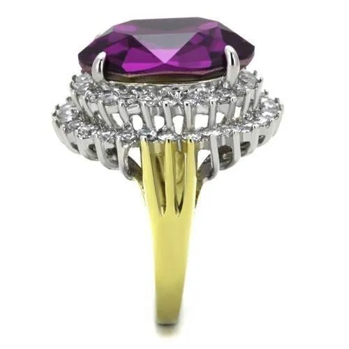 Two-Tone IP Gold (Ion Plating) Stainless Steel Ring with Top Grade Crystal in Amethyst for Women Style TK1892